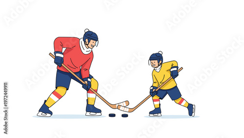 Energetic adult and child play a game of ice hockey together with sticks and pucks on a clean white background.