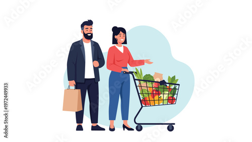 Young couple shops together for fresh produce and groceries filling their shopping cart and paper bags with food.