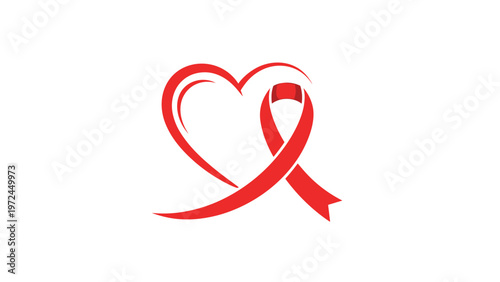 Red ribbon intertwining with heart outline symbolizes awareness for health issues like AIDS and breast cancer.