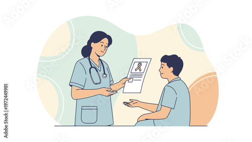 Doctor shows patient a document with a pink ribbon, symbolizing cancer awareness and support.