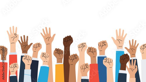 Crowd of diverse people raising their hands and fists in the air as a sign of protest or celebration.