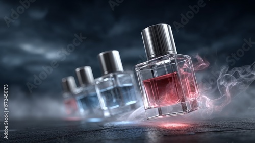Different bottles of perfume with colored liquid on a dark surface