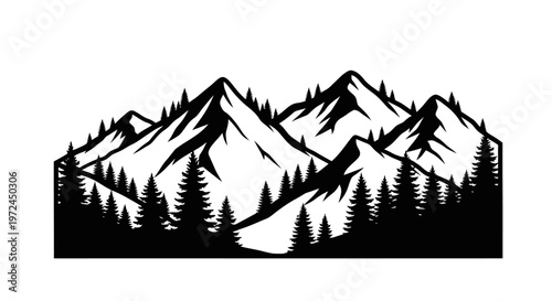 Black and white mountain landscape illustration.