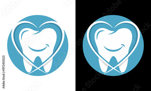 A smiling tooth logo with heart shaped design on a blue circular background