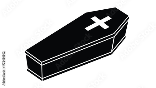 Black coffin icon with a white cross on the lid presented in an isometric view as a symbol for death and funeral services.