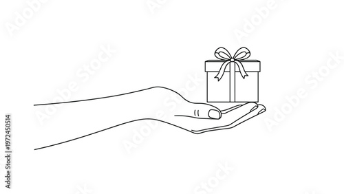 Minimalist line drawing of a human hand holding a small gift box with a ribbon bow on top representing giving and celebration.