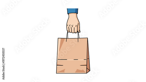 Hand holding a brown paper grocery bag from above against white background representing takeaway food or retail shopping.
