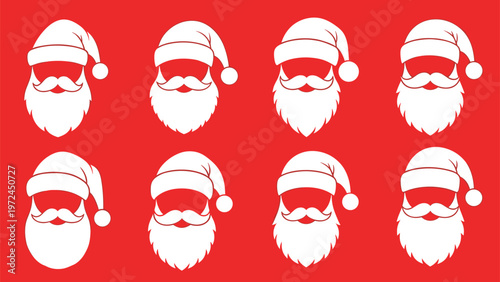 Collection of eight white Santa Claus head silhouettes with hats and beards arranged on a bright red festive background.