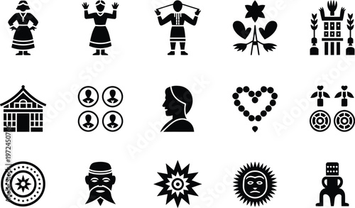 Collection of Traditional Culture Icons Set in Black and White Design