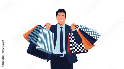 Happy businessman in a suit carrying many colorful shopping bags in both hands celebrating a successful shopping spree.