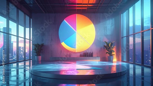 Modern room with pie chart, city views, and plants, with futuristic aesthetics