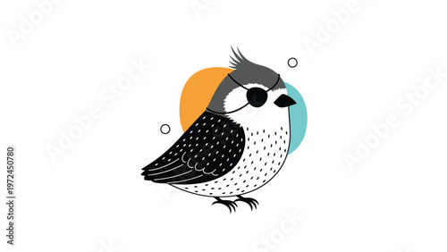 Cute small bird illustration with black and white plumage and a mohawk crest against colorful circular background.