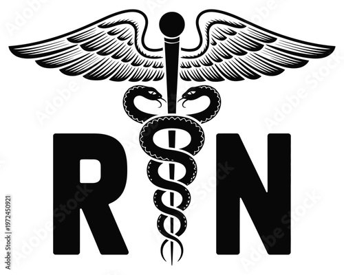Cuadro en lienzo registered nurse RN caduceus symbol with wings and snakes, medical and healthcare icon, RN professional emblem, nursing and clinical care concept, clean vector illustration