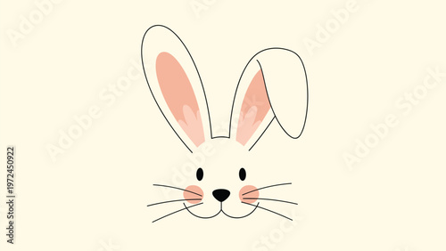 Minimalist illustration of a white bunny face with long ears pink cheeks and a cute little black nose and whiskers.