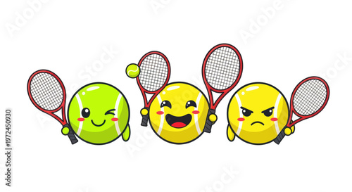 Three cartoon tennis balls with racquets and different emotions, white background