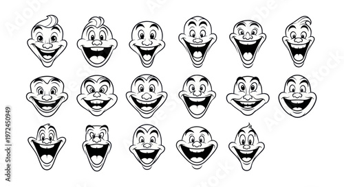 Collection of Cartoon Faces Expressing Joyful Laughter and Happiness
