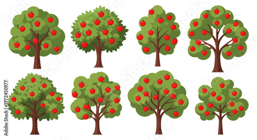 Collection of cartoon apple trees with ripe red fruits, isolated on white background