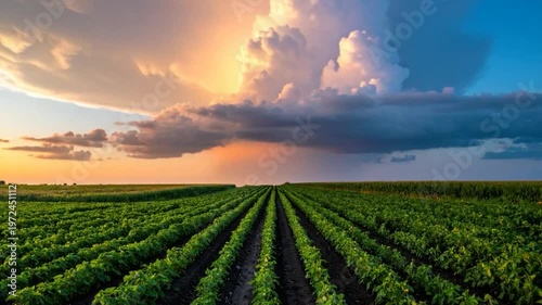 Green rows of crops under a dramatic, colorful sky with fluffy clouds