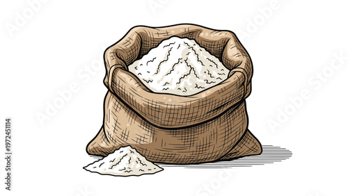 Traditional burlap sack brimming with fine white flour stands with a small pile of powder spilled on the floor.