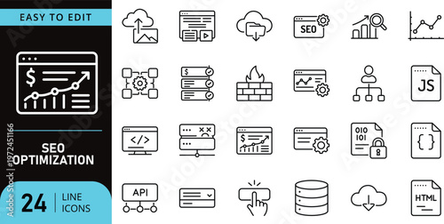Seo optimization line icon set featuring digital marketing data and web development