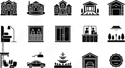 Modern house and real estate icons set with residential buildings, home types, and property investment symbols vector illustration