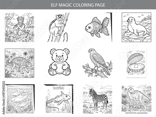 Elf magic inspired coloring page set featuring mythical creatures and exotic animals in professional black and white vector line art style