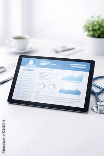Telemedicine Healthcare Digital Tablet with Stethoscope, Medical Analytics Dashboard, Patient Records Software, Consultation Interface, Health Data Technology Concept