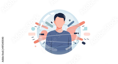 Conceptual Illustration of a Man Inside a Transparent Bubble, Self Protection, Mental Health Security, and Social Isolation Concept.