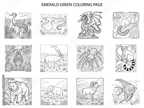 Emerald green coloring page collection featuring exotic wildlife and mythical creatures in professional black and white vector line art style