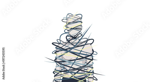 Conceptual Illustration of Anxiety Disorder, Mental Stress, and Tangled Thoughts on Human Figure in Minimalist Flat Design Style