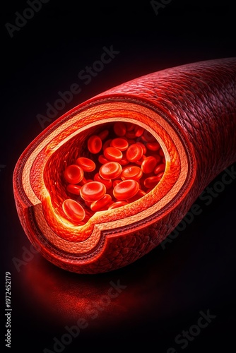 Microscopic Human Artery Anatomy: Erythrocyte Blood Cells Flowing In Circulatory Vessel, Cardiovascular Physiology, Hemoglobin Science, Cellular Medical Biology Illustration