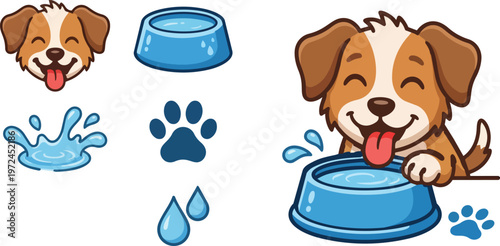 Flat design cheerful puppy drinking from blue bowl vector icons set with paw print and water splash happy tongue face