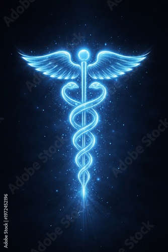 Glowing Neon Caduceus Symbol, Medical Healthcare Emblem, Blue Medicine Science Technology Concept, Pharmaceutical Hospital Wellness Biology Illustration