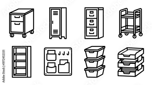 Office furniture icon set cabinets shelves filing and storage illustrations