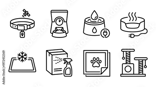Pet care icons satellite collar feeder water fountain heated bed and more