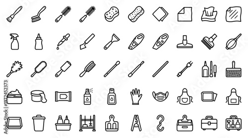 Set of cleaning tools and supplies icons for home and office use