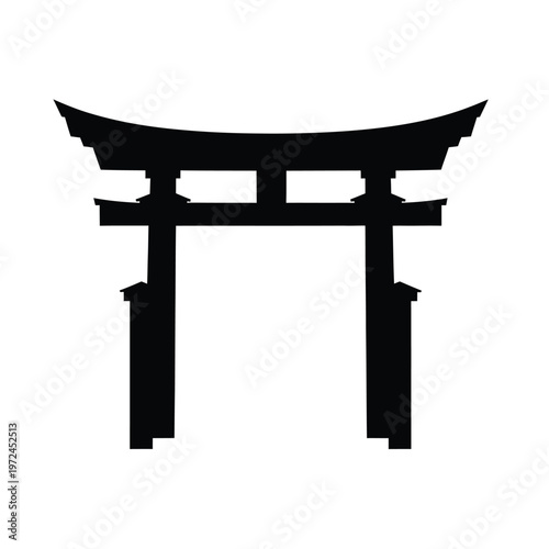 A striking black silhouette depicts a traditional japanese torii gate commonly found at shinto shrines high quality