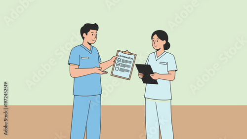 Medical Professionals Discussing Patient Information on Clipboard