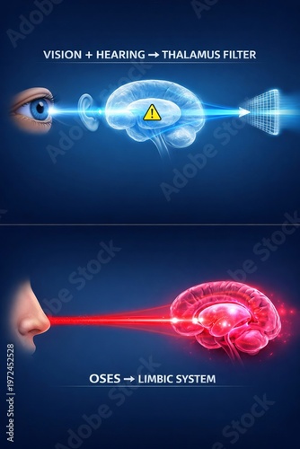 Neuroscience Medical Illustration: Thalamus Sensory Processing Filter vs Olfactory System Limbic System Neural Pathways, Human Brain Anatomy, Cognition, Perception, Psychology, Cognitive Function