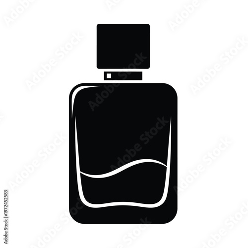A simple black silhouette depicts a classic perfume bottle with a rectangular spray nozzle high quality professional
