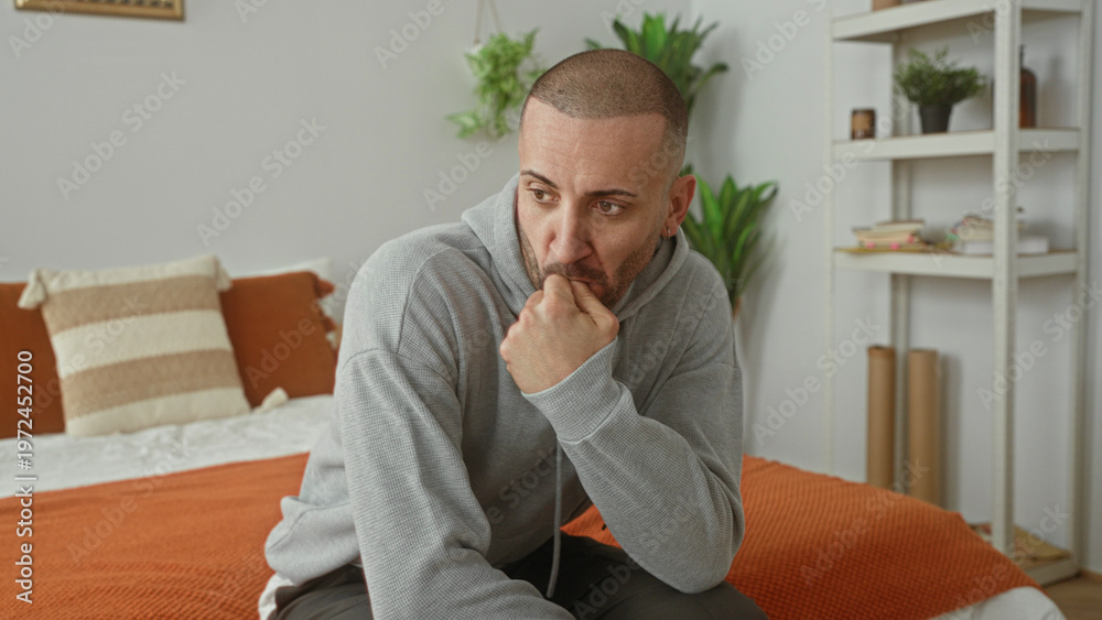 Fototapeta premium Man young hispanic seated on bed biting knuckle with hand to mouth, hunched posture in bedroom building; anxiety reflection.