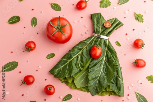 Creative arrangement of leafy greens and tomatoes resembling a dress on a pink background