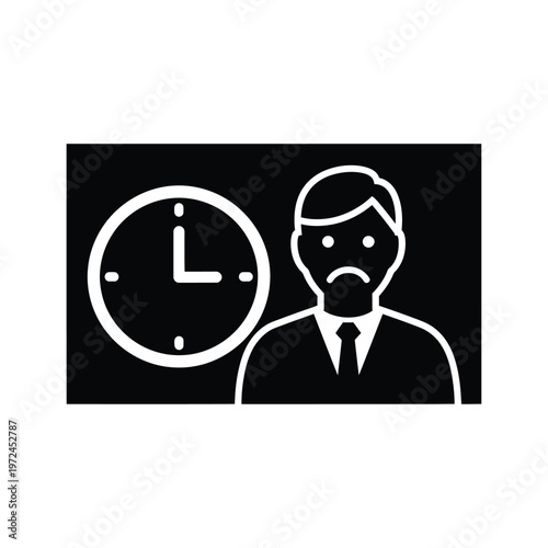 A simple monochrome icon depicts a man looking disheartened next to a clock displaying a late hour