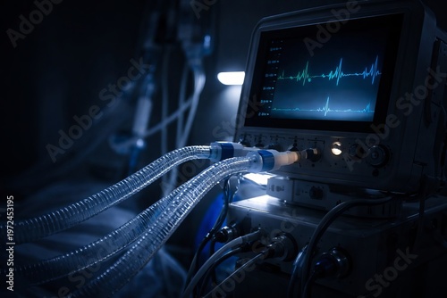 Medical Ventilator and Cardiac Monitor in ICU, Respiratory Life-Support Technology, Critical Care Clinical Equipment for Emergency Patient Treatment in Hospital Healthcare Setting, Biomedical Device