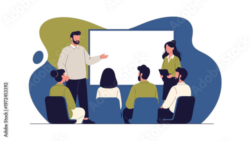 Business meeting presentation with diverse team in modern office, whiteboard discussion