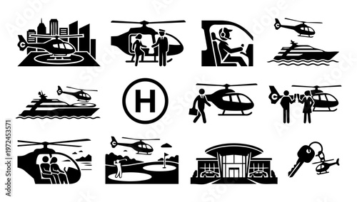 Private Helicopter and VIP Transport Silhouette Icon Set – Luxury Travel, Business Aviation and Air Transfer