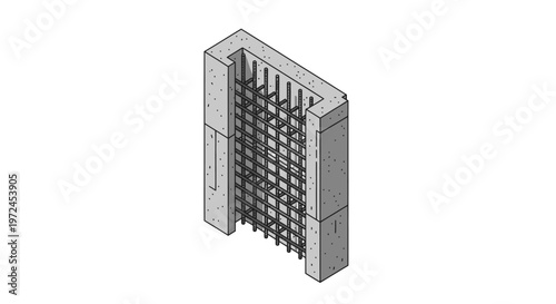 Reinforced concrete wall section with rebar grid, construction element, structural engineering, building material, isometric view