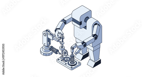 Isometric illustration of a robot assembling mechanical parts with precision on a workbench, symbolizing automation and industry