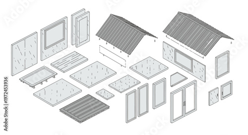 Isometric exploded view of modular house construction kit components, ready for assembly