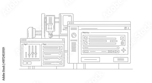 Digital illustration of a CNC machine and computer interface, representing automation, manufacturing, and technology